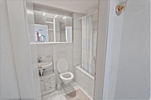 a white bathroom with a toilet and a sink at Splendide logement avec vue plongeante sur le lac in Saint-Gingolph