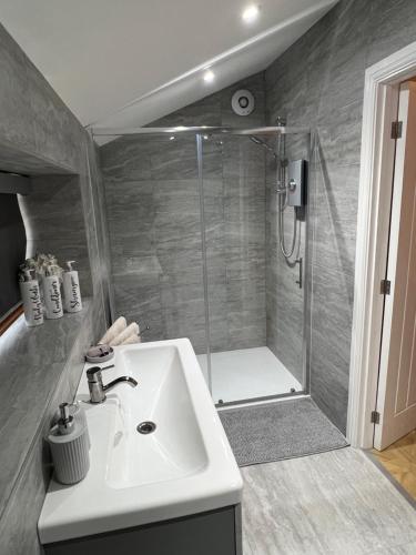 a bathroom with a sink and a shower at Penburren at Minster Farm West in Hereford