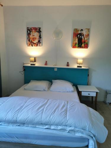 een slaapkamer met een groot bed met 2 kussens bij Studio in Gréoux-les-Bains