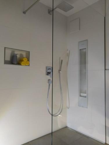 クロルト・ゴーリッシュにあるFerienwohnung am Wäldchenのガラスドア付きの白い部屋のシャワー