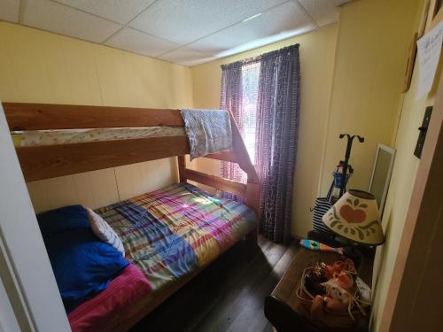 a small bedroom with a bunk bed and a window at Cool Vibes Cottage in Renovo