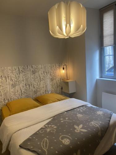 sypialnia z łóżkiem i żyrandolem w obiekcie Oxalis w mieście Bagnères-de-Bigorre