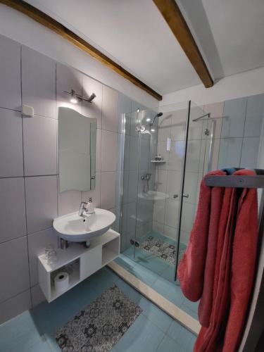 une salle de bain avec un lavabo et une douche dans l'établissement Agroturizam Duvančić - Konoba dida Marka, à Drniš