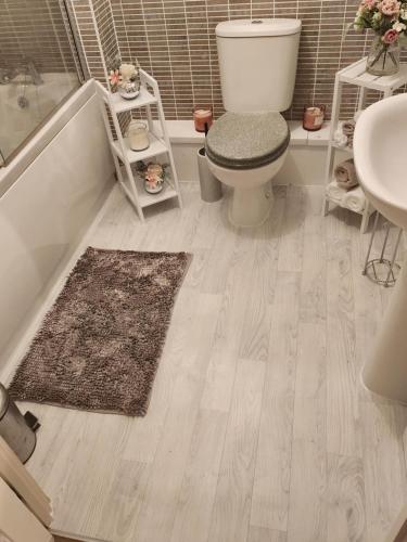 a bathroom with a toilet and a tub and a rug at Rothwell in Swansea