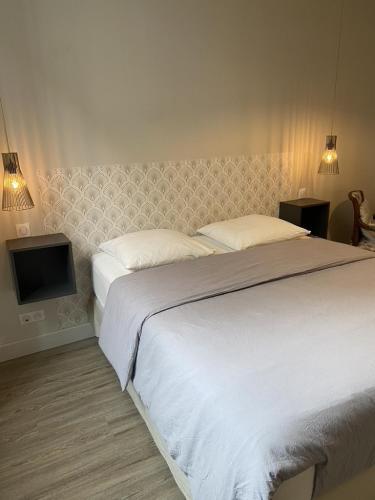 1 dormitorio con 2 camas y TV de pantalla plana en Hysope : Studio aux couleurs toutes douces !, en Bagnères-de-Bigorre