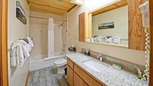 ein Badezimmer mit einem Waschbecken, einem WC und einem Spiegel in der Unterkunft Sitzmark Sports Lodge in Red River