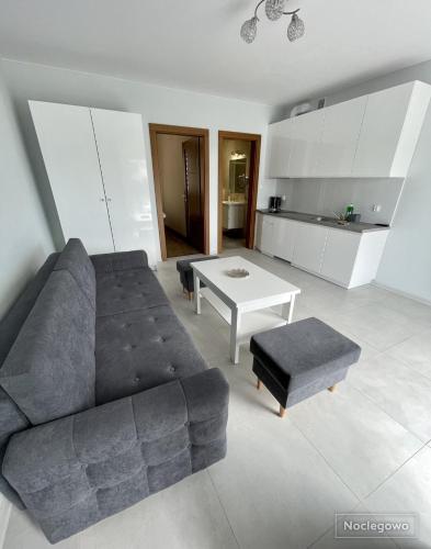 a living room with a couch and a table at Ostoja Nad Rzeką in Łeba