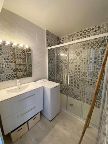 une salle de bain avec un lavabo et une douche dans l'établissement Charmant studio climatisé proche de la mer, à Sanary-sur-Mer