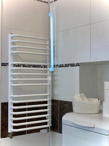 a white bathroom with a toilet and a shower at @HOME in Chemnitz