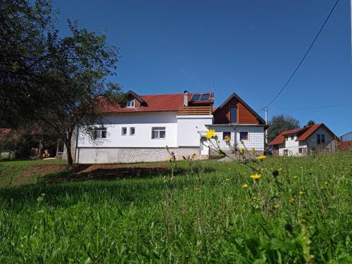 a white house with a red roof in a field of grass at Seoski turizam Stari mlin na Korani room 1 in Karlovac