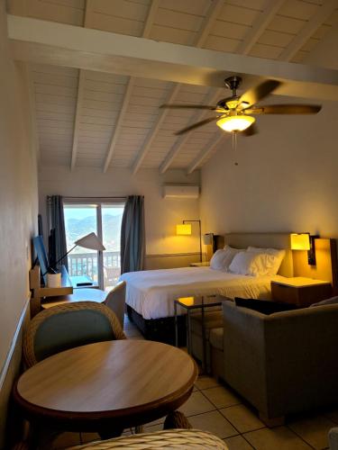 a hotel room with a bed and a table and chairs at Boundless Bliss Hotel in St Thomas