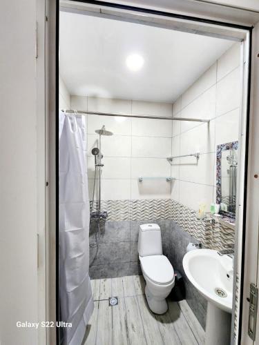 a bathroom with a toilet and a sink at kato's apartment in Tbilisi City