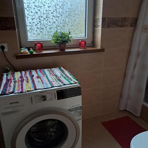 a washing machine in a bathroom with a window at Domki Oaza Spokoju Berezka in Berezka