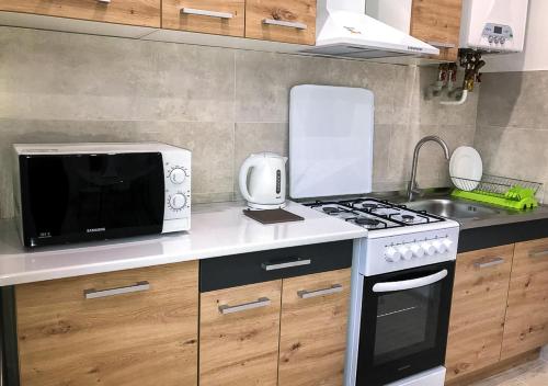 a kitchen with a stove and a microwave at Центр посуточно Новая двухуровневая квартира da Luisa in Mukacheve