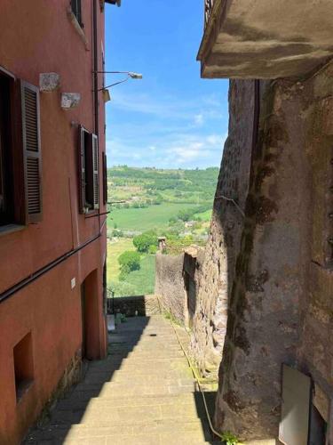 an alley with a view of a field from a building at Appartamento nel Borgo in Orte
