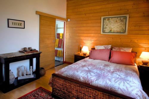 1 dormitorio con 1 cama en una habitación con paredes de madera en LA SOURCE DE BARDON, en Saint-Aignan