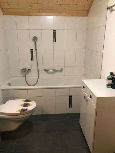 a bathroom with a toilet and a bath tub at bundb-wyssen-matten in Matten