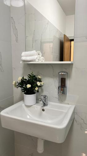 a bathroom sink with a vase of flowers on it at SOFI living in Ostrava