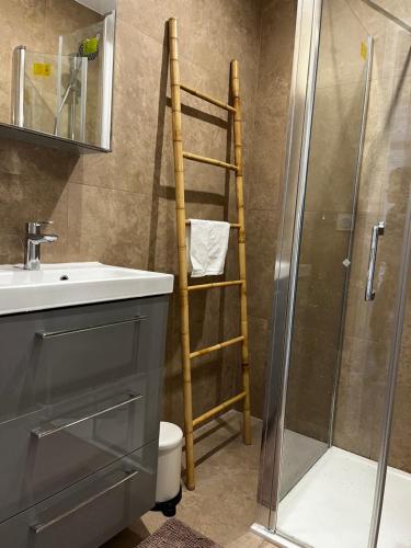 - une salle de bains avec une échelle à côté d'un lavabo et d'une douche dans l'établissement Antibes centre, 3 Chambres, 2 Salles de bain, Clim, Terrasse, Wifi, à Antibes