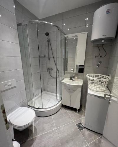 a bathroom with a shower and a toilet and a sink at Apartments M&K in Vinišće