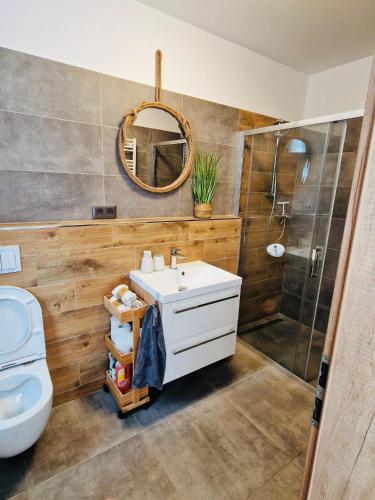 a bathroom with a sink and a shower and a toilet at Apartmán Jestřábí Lipno in Černá v Pošumaví