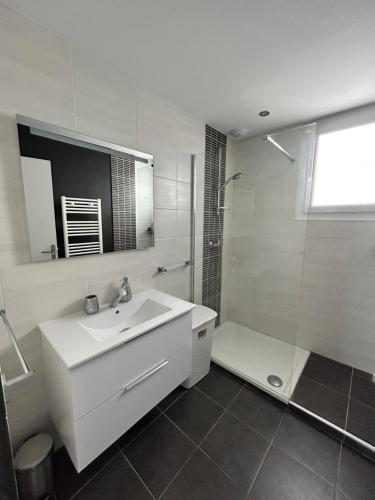 y baño blanco con lavabo y ducha. en L'Entre Deux Rêves, en Beaumont-lès-Valence