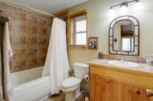a bathroom with a toilet and a sink and a mirror at Blue Ridge Mountain Cabin with Views, 2 Mi to Dtwn! in Murphy