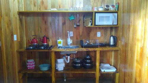 a kitchen with wooden walls and a sink and a microwave at POUSADA RECANTO DOS VAGA-LUMES in Urubici