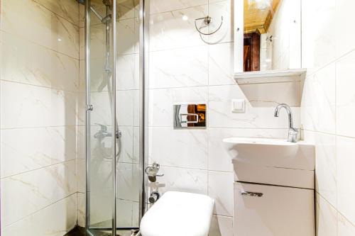 y baño con ducha, aseo y lavamanos. en Historical Duplex Villa with Patio in Beyoglu, en Estambul