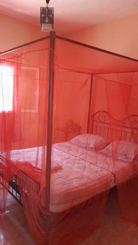een slaapkamer met een rood hemelbed in een kamer bij chez André in Sali Tapé