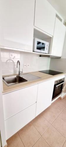 une cuisine blanche avec un évier et un micro-ondes dans l'établissement Charmant 2 pieces, à Menton