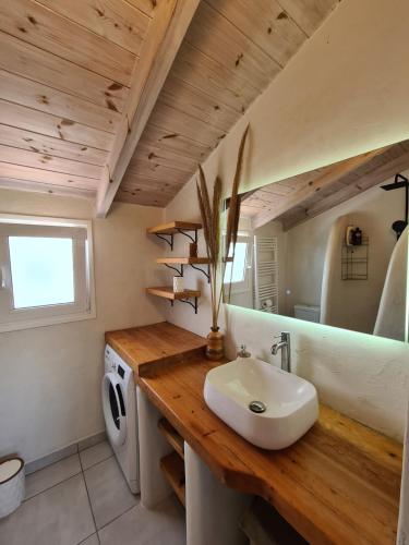 a bathroom with a sink and a washing machine at Lemonia Apartment with yard in Pitsidia