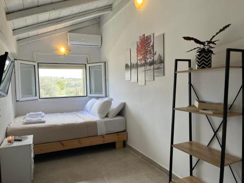 - une petite chambre avec un lit et une fenêtre dans l'établissement Lemonia Apartment with yard, à Pitsidia