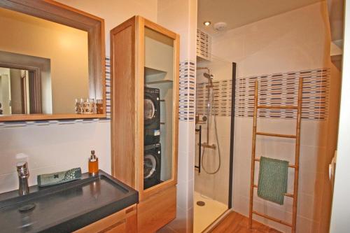 y baño con ducha, lavamanos y ducha. en Loft Le Cosy cœur de ville stationnement privatif en Limoges