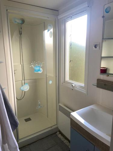 a bathroom with a shower and a sink at Mobilhome 516 in La Teste-de-Buch