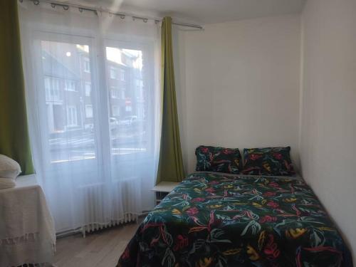 - une chambre avec un lit à côté d'une fenêtre dans l'établissement Appartement spacieux hyper centre ville proximité immédiate Cathédrale, Musée de Picardie, Coliseum, à Amiens