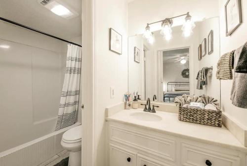 uma casa de banho com um lavatório, um WC e um espelho. em Lush, Enchanting Austin Oasis! em Austin