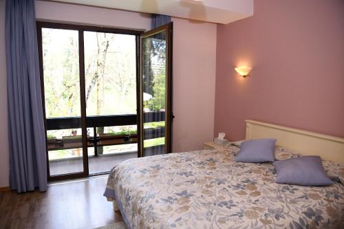 a bedroom with a bed and a large window at Hotel Restaurant Dreri in Tirana