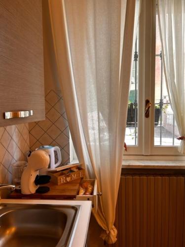 uma cozinha com um lavatório e uma janela em Bon Bon del Viale-con posto auto privato em Asti