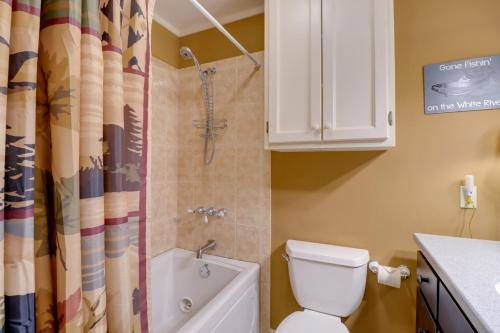 a bathroom with a toilet and a shower at Roomy Riverfront Trout Valley Cabin with Porch! in Mountain View
