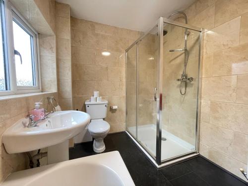 a bathroom with a shower and a sink and a toilet at The First Rho in Bishop Auckland