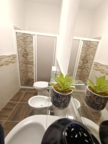 a bathroom with two toilets and two potted plants at Casa Castelli in Messina