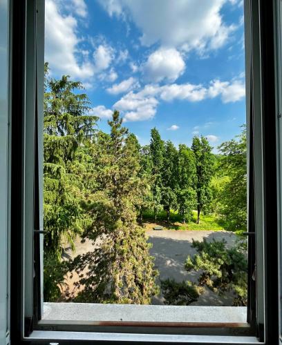 a window with a view of a park at The Bright Place: wide and modern condo apartment in Milan in Milan