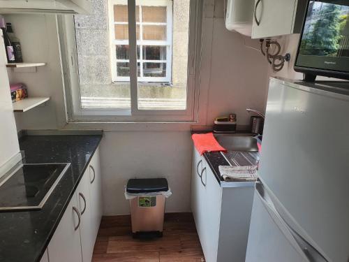 una pequeña cocina con fregadero y nevera. en Habitación pequeña con balcon, en Vigo