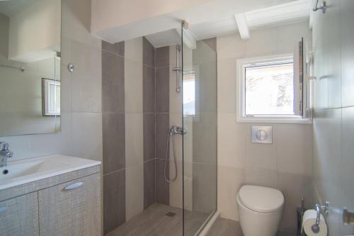 ein Bad mit einer Dusche, einem WC und einem Waschbecken in der Unterkunft Villa Theodora View Apartments Thalia in Agios Georgios Pagon
