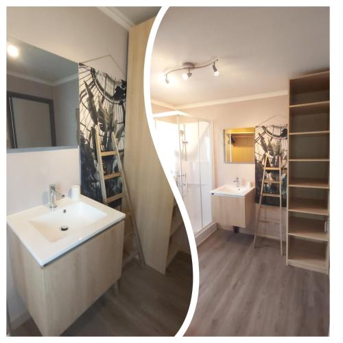 a bathroom with two sinks and a mirror at Vakantievilla Het Dunehuys in De Panne