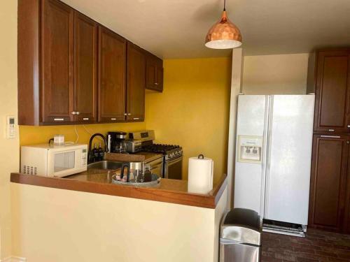 a kitchen with a white refrigerator and a microwave at 30 PCT OFF! Malibu Romantic Suite, Ocean View, Beach in Malibu