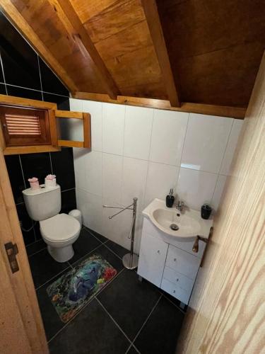 a small bathroom with a toilet and a sink at Waves Song - Cottage in Porto Moniz
