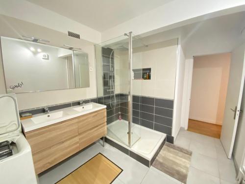 een badkamer met een wastafel, een douche en een toilet bij L’appart in Lisieux
