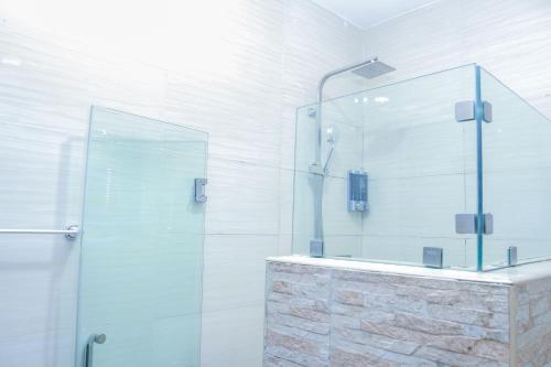 baño con ducha y puerta de cristal en THE HOUSE ABUJA, en Abuja